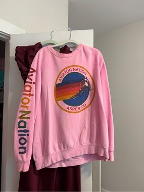 Aviator Nation Pink Retro Ski Logo Crewneck with Rainbow Sleeve